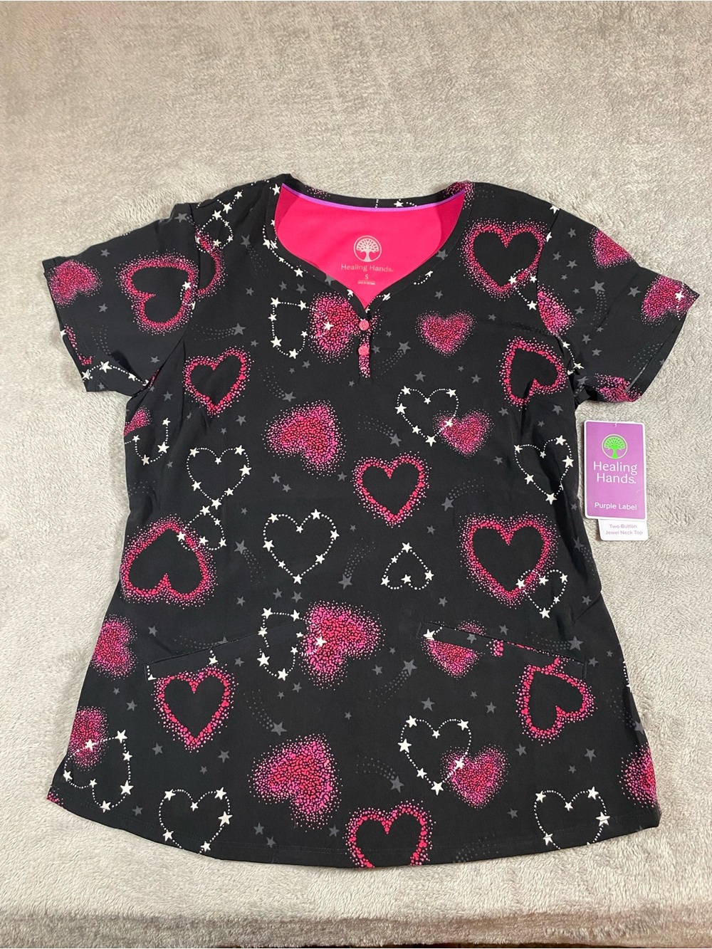healing hands Black Top with Hot Pink Heart Print